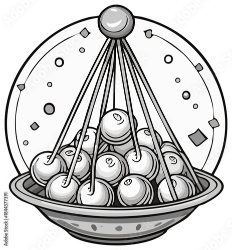 Illustration of spherical objects suspended over a bowl, adorned with stylized geometric details.