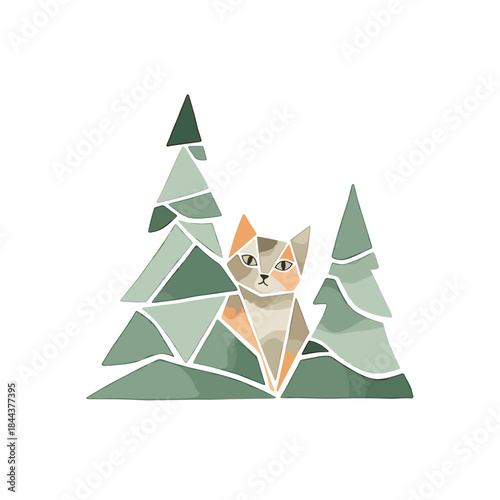 Cat hiding playfully among small fir trees in a geometric style  