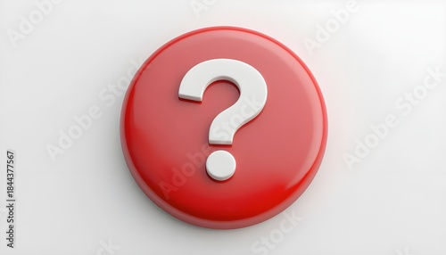 3d question mark icon on red round button or badge.3d rendering.Isolated on white background.

