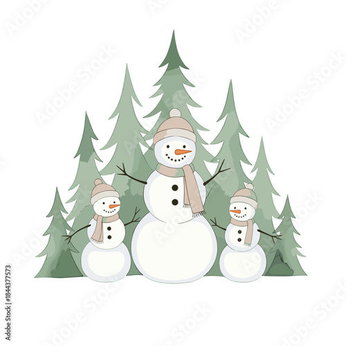 Snowman family standing in front of trees with friendly smiles  