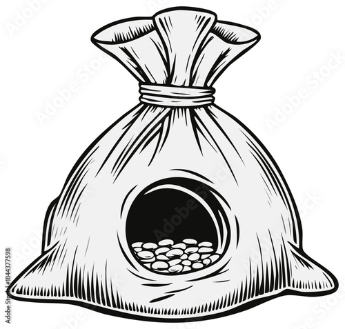 Money bag filled with coins illustration in vintage style, wealth, treasure, cash, graphic resource, finance