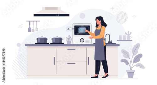 Woman interacting with artificial intelligence oven in modern kitchen environment with minimalist