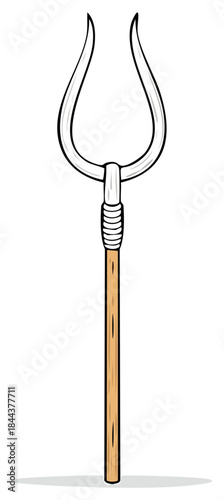 Vector illustration of a fantasy bident weapon with two curved prongs and a wooden staff