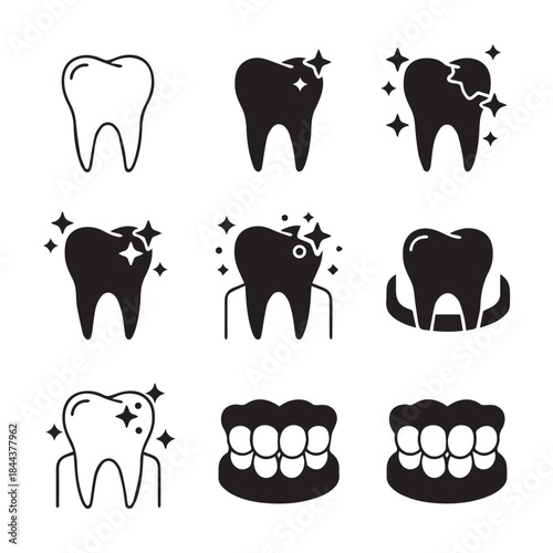 Vector tooth and teeth oral care simple black icon set