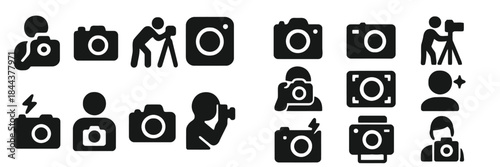 Collection of photography icons photographer hobby and professional equipment set