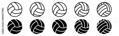 Collection of outline and silhouette volleyball icons on white background for sport illustration