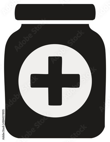 Minimalist medical jar icon featuring a white cross symbol for health care and pharmacy