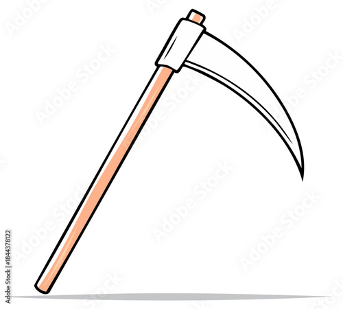 A simple illustrative cartoon scythe tool with wooden handle and sharp curved blade