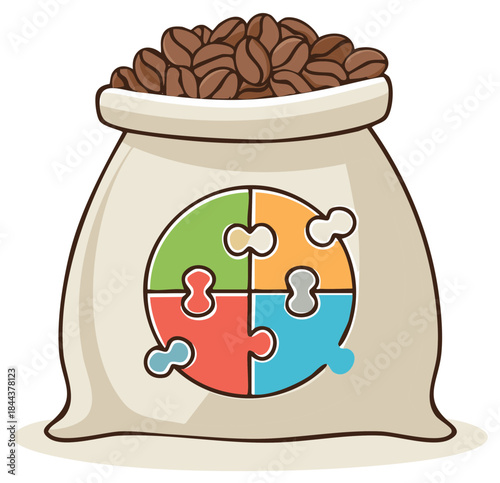 Coffee bean bag with colorful puzzle pieces, concept of cooperation and teamwork