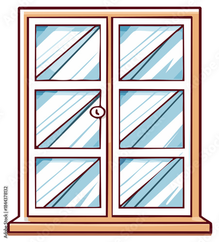 Cartoon illustration of a double window with clear glass and a lock on one of the panes