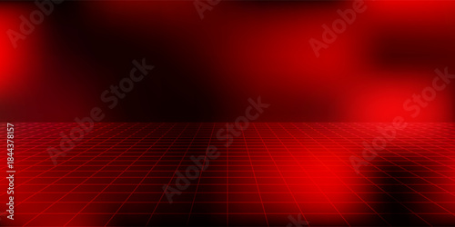 Red laser grid cyber newretrowave 3d background. Neon digital room with vaporwave and square cell wireframe. Futuristic retro mesh dimension pattern with floor. Geek outline aesthetic texture design