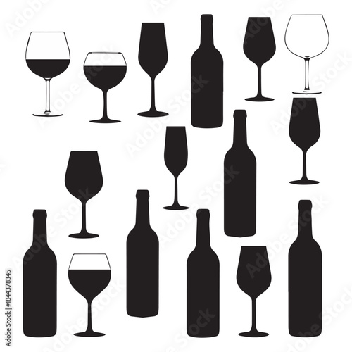  Vector Various types wine glass and bottle black silhouette collection icons