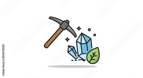 An engaging hand-drawn graphic features a classic pickaxe, shimmering blue minerals, and a vibrant green leaf, representing the delicate balance of earth's resources.