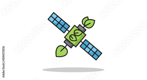 Eco-friendly satellite with solar panels and green leaves symbolizes sustainable technology and environmental monitoring.