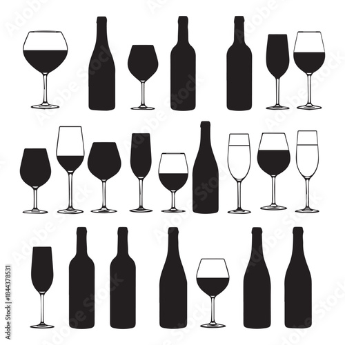  Vector Various types wine glass and bottle black silhouette collection icons