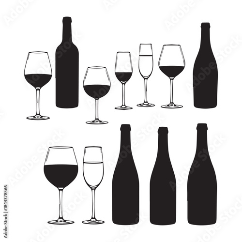  Vector Various types wine glass and bottle black silhouette collection icons