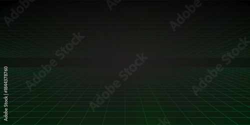 Abstract wireframe landscape perspective. Vector realistic illustration of green grid pattern on transparent black. Retro futuristic virtual cyber space background, digital mesh surface design