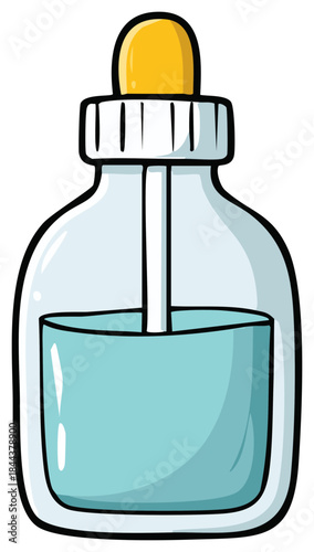 Cartoon Glass Bottle Filled with Blue Liquid and Dropper, Medicine, Care