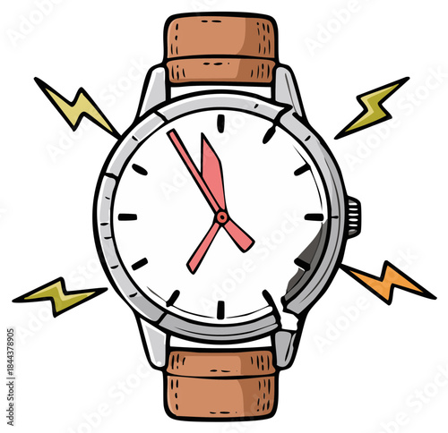 Hand Drawn Wristwatch With Lightning Bolts Indicating Alarm Or Urgency