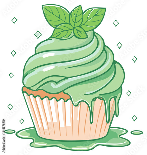 Vibrant green cupcake illustration with swirled frosting, fresh mint leaves, and sweet drips