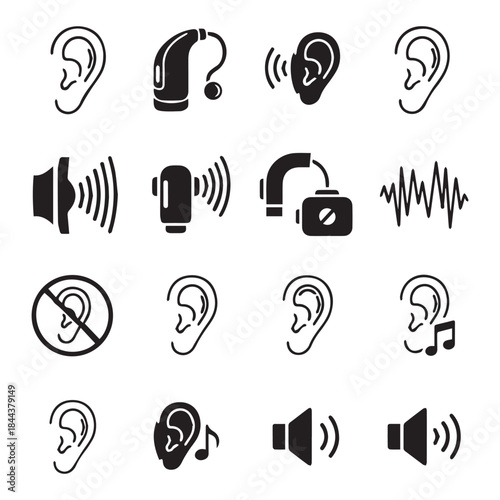  Vector Ears, deafness and listening symbol icons set