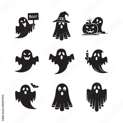 Vector holidays halloween ghost black icons set