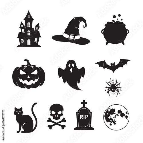 Vector holidays halloween item black icons set
