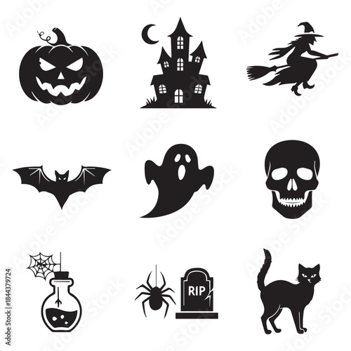 Vector holidays halloween item black icons set
