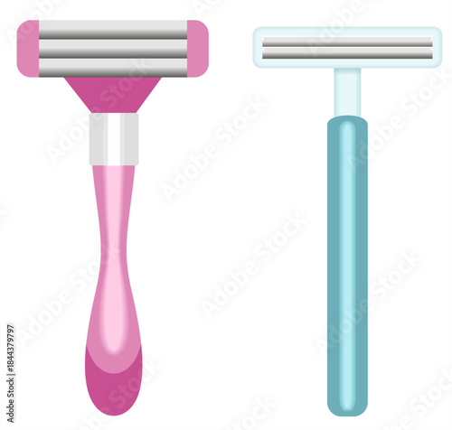Pink razor for women's shaving and hair removal and Simple blue disposable razor for men's. flat illustration art design isolated on white background.