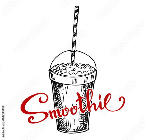 Smoothie. Superfoods and health or detox diet food concept in sketch style. Hand drawn illustration isolated on white background