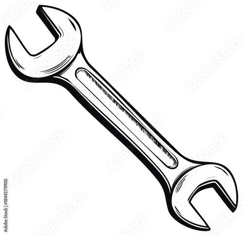 Wrench Illustration Outline Style, Adjustable Spanner Mechanical Repair Tool