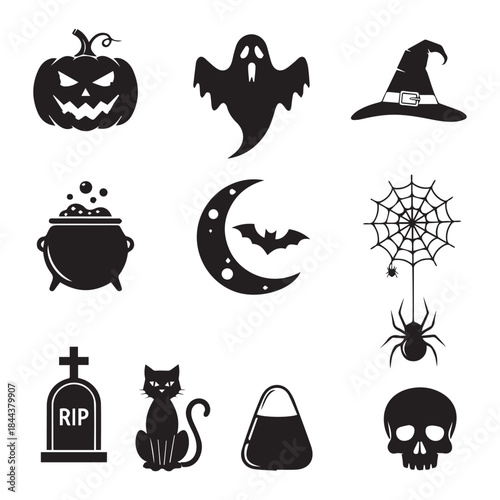 Vector holidays halloween item black icons set