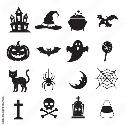 Vector holidays halloween item black icons set