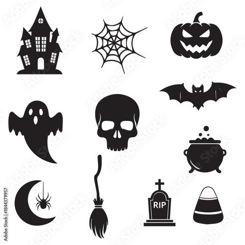 Vector holidays halloween item black icons set