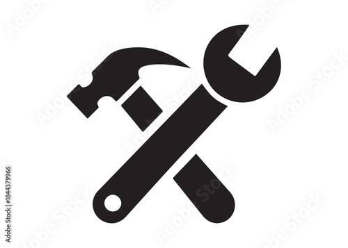 hammer and wrench logo silhouette vector, hand tool logo silhouette illustration, construction equipment logo, repair service wrench crossed over a hammer logo silhouettes vector on white background 