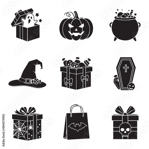 Vector holidays halloween gift item black icons set