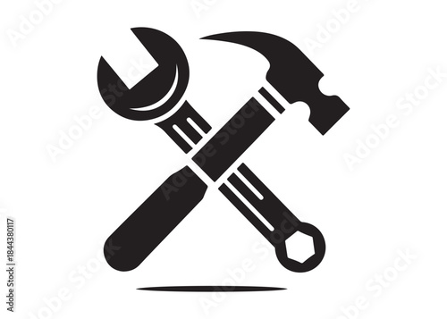 hammer and wrench logo silhouette vector, hand tool logo silhouette illustration, construction equipment logo, repair service wrench crossed over a hammer logo silhouettes vector on white background 