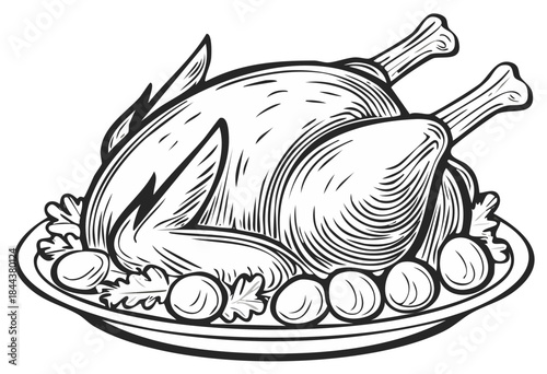 Whole roasted bird garnished with vegetables and round sides on a platter