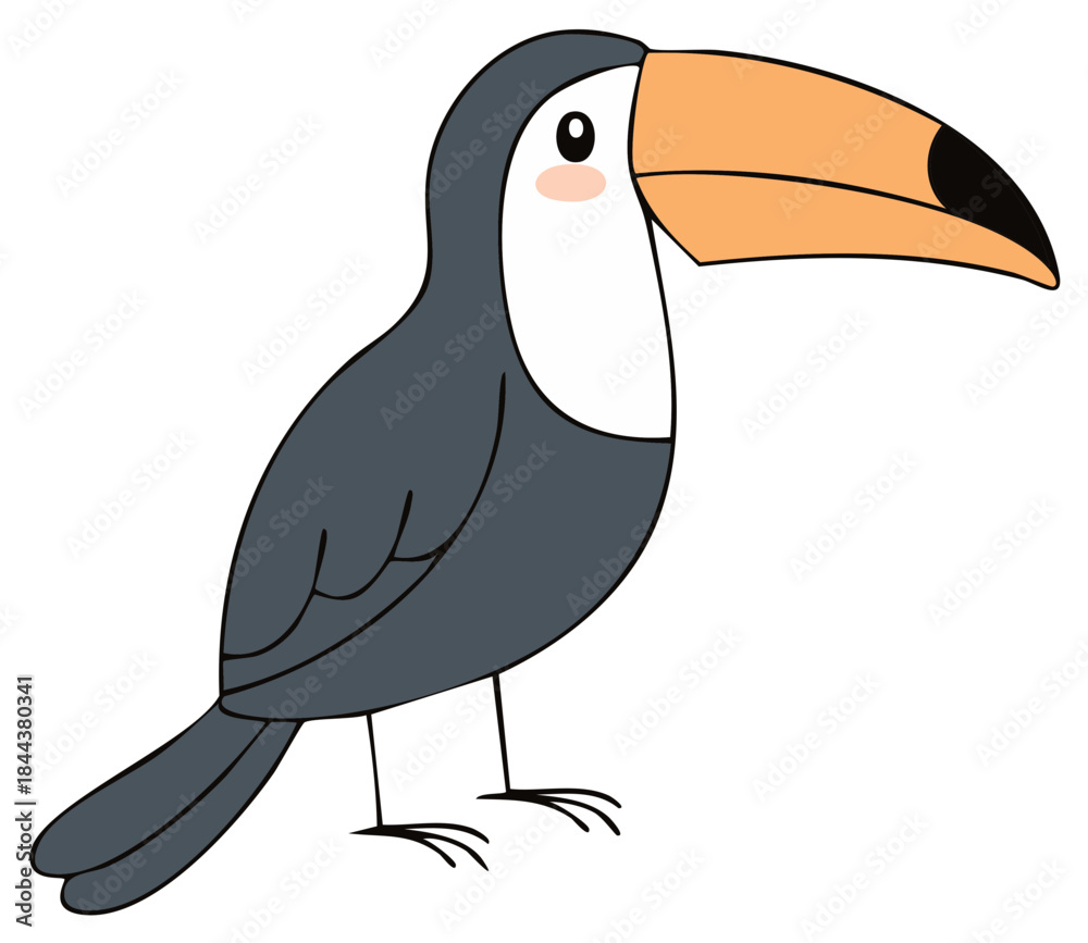 Fototapeta premium Cute cartoon toucan bird with large orange beak and grey body standing still