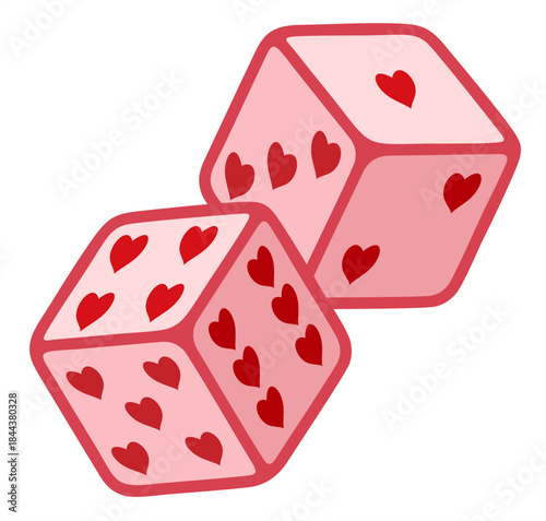Dice with hearts on a white background. Happy valentine’s day concept. Cute pink and hearts love dice. For romantic themes, party decor, digital art, and creative projects