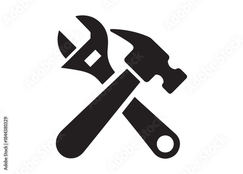 hammer and wrench logo silhouette vector, hand tool logo silhouette illustration, construction equipment logo, repair service wrench crossed over a hammer logo silhouettes vector on white background 