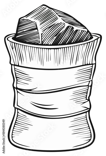 Illustration of a rough crystal specimen emerging from a textured jar or container.