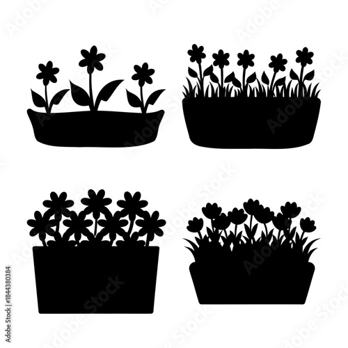 Flower pot silhouettes vector set; garden plants illustration
