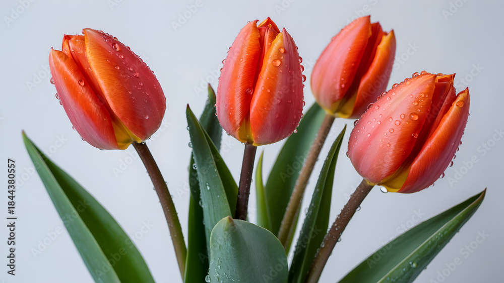Naklejka premium Four vibrant orange red tulips covered in fresh morning dew drops stand tall against a soft light background
