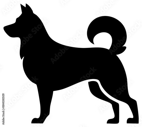 Standing Spitz dog breed black silhouette. Husky or Akita profile icon vector graphic.