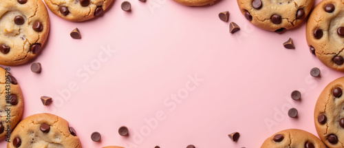Delicious cookies arranged on pink background with chocolate chips scattered around, creating delightful and inviting atmosphere