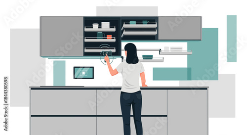 Woman interacts with smart kitchen technology for ease of use and modern lifestyle in modern home