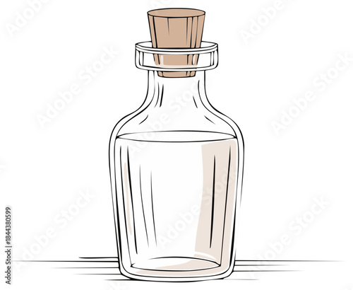Vintage glass bottle with a cork stopper filled with clear liquid. Hand drawn sketch of an old apothecary or magic potion jar.