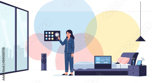 Woman operating smart home system in bedroom with advanced automation technology