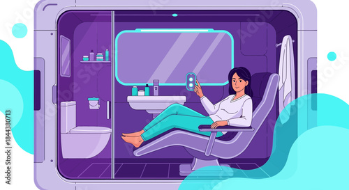 Woman relaxing in a futuristic prefabricated pod bathroom with modern smart home features